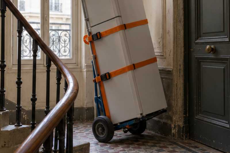 Réfrigérateur debout sanglé sur un diable, sur le palier d'un immeuble, frigo à la verticale, du quatrième au camion
