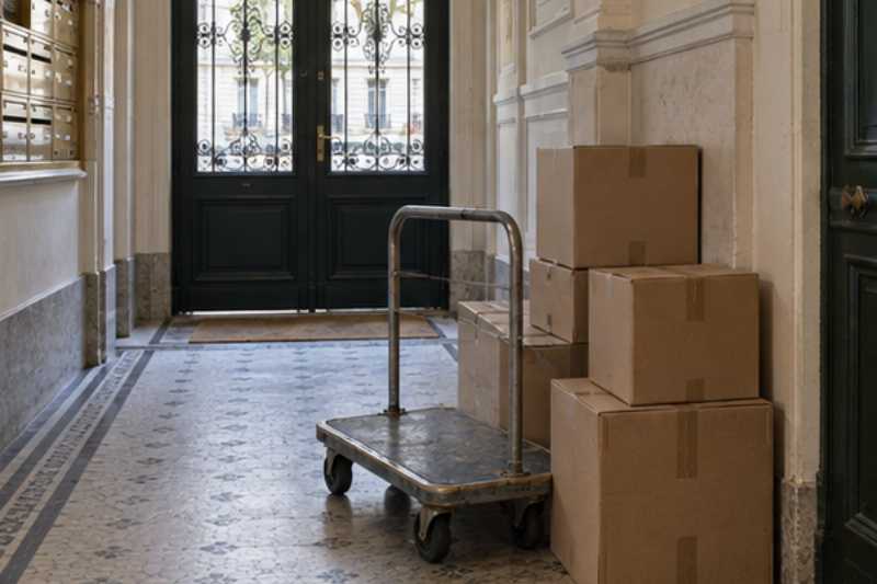 Cartons regroupés dans un hall d'immeuble à côté d'un chariot, loin du camion, relais depuis le hall