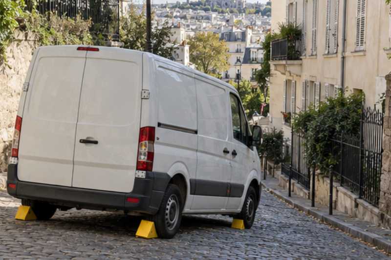 Camion garé dans une rue pavée en pente, charger dans une rue en pente