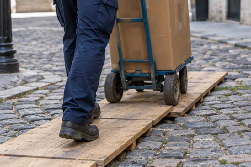 Planches posées sur des pavés pour faire rouler un chariot, une cour pavée à traverser