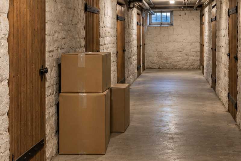 Couloir de caves avec portes en bois et cartons, il restait la cave