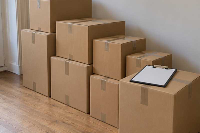 Cartons de déménagement de plusieurs tailles empilés dans un salon, repère pour calculer son volume