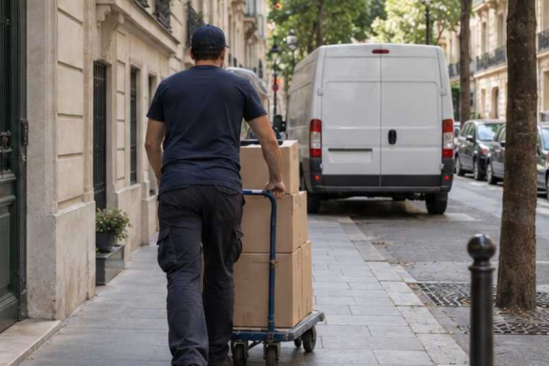 Chariot de cartons poussé sur le trottoir vers un camion garé plus loin, place de livraison lointaine, regroupement au rez-de-chaussée