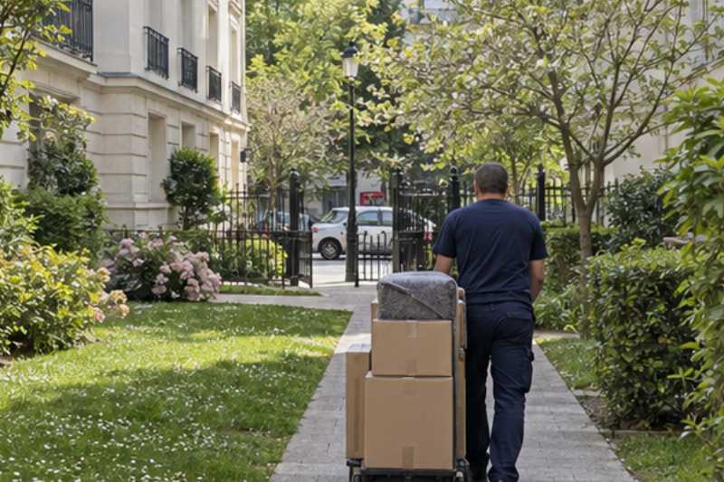 Chariot de cartons sur un long chemin dans le jardin d'une résidence, une longue distance entre la porte et le camion