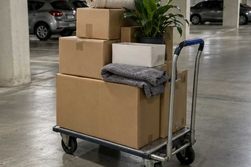 Chariot de cartons dans un parking souterrain, le parking était trop bas