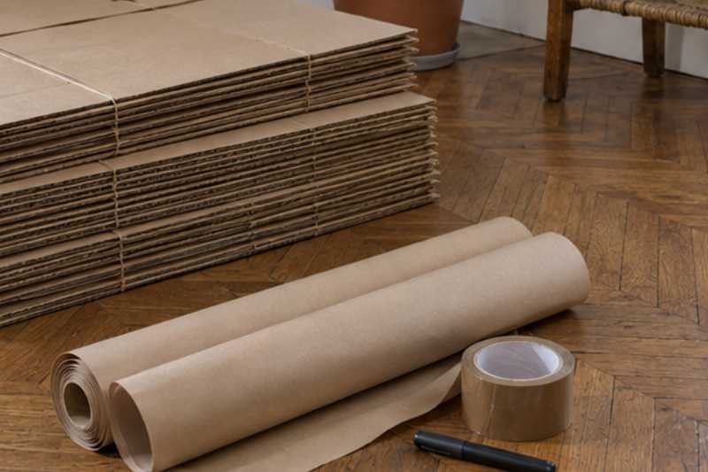Cartons pliés, papier et adhésif posés sur un parquet, tout décidé en quelques jours