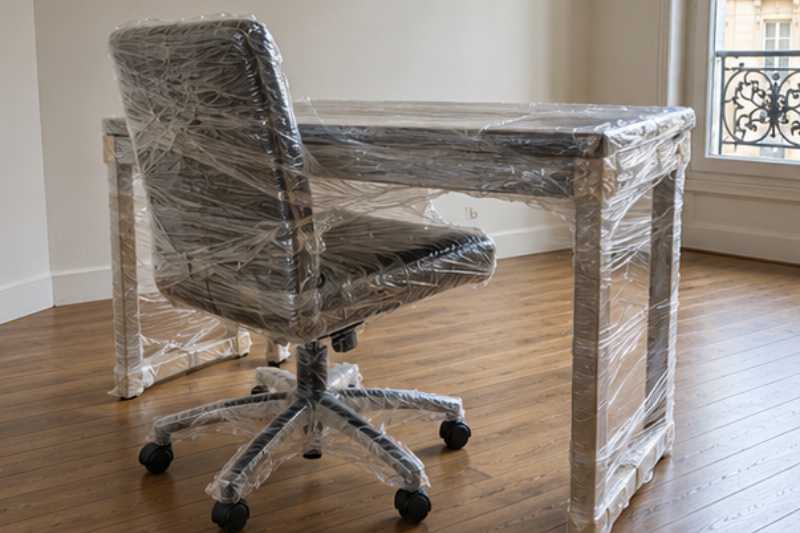Bureau et chaise emballés sous film étirable, le plateau de verre emballé seul