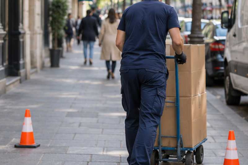 Chariot de cartons sur un trottoir passant, cônes posés au sol, un équipier au balisage