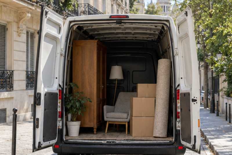 Petit utilitaire ouvert avec quelques meubles et cartons, un utilitaire à la mesure du chargement