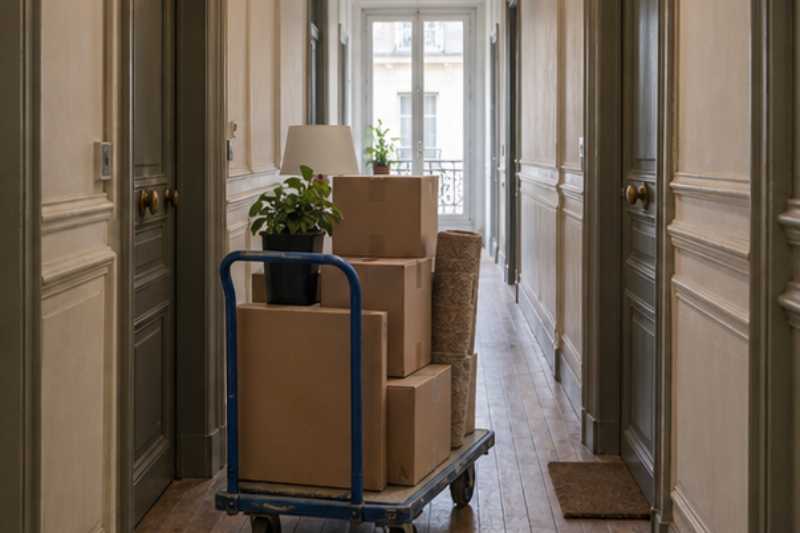Cartons sur un chariot dans un long couloir d'immeuble, un couloir interminable jusqu'à la sortie