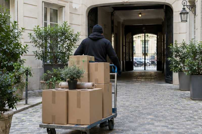 Chariot à plateau chargé de cartons traversant une cour pavée, la cour ne laissait pas entrer le camion