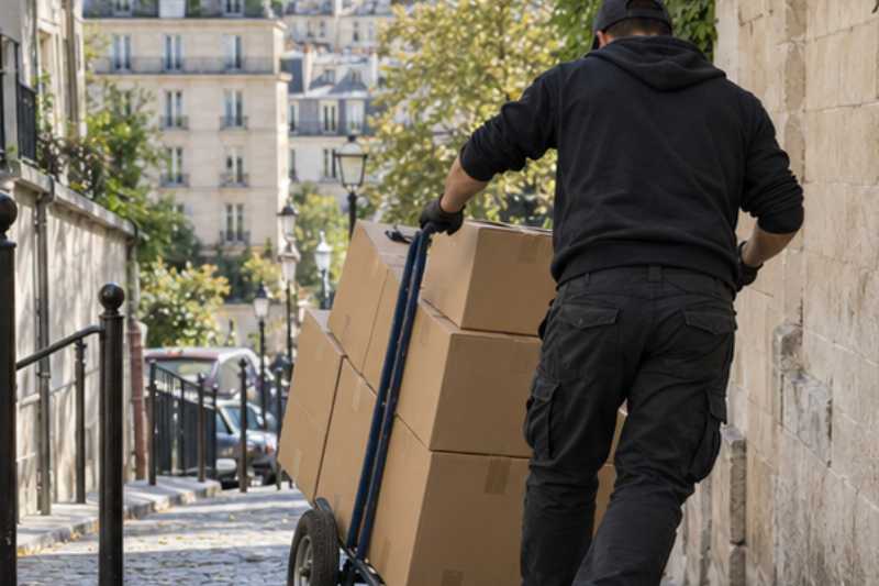 Chariot de cartons descendant une rue en pente, une rue en pente devant l'immeuble