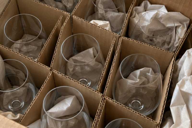 Verres rangés dans un carton à croisillons, vaisselle fragile, zéro jeu dans les cartons