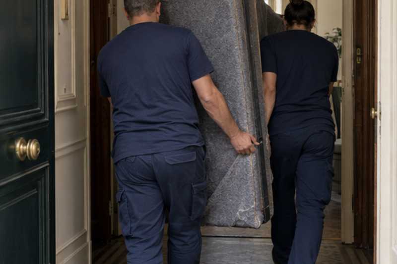 Panneaux d'armoire portés à travers une porte d'appartement, une armoire en pièces détachées