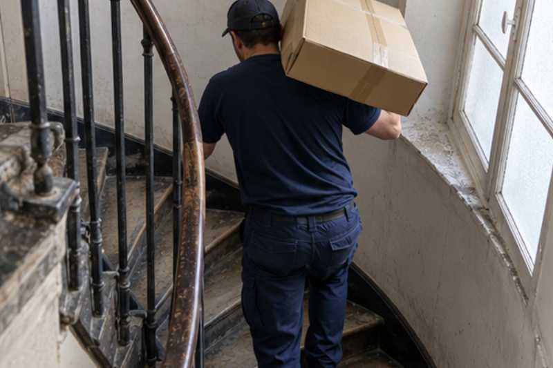 Déménageur montant un escalier de service en colimaçon, des charges légères, passées de main en main