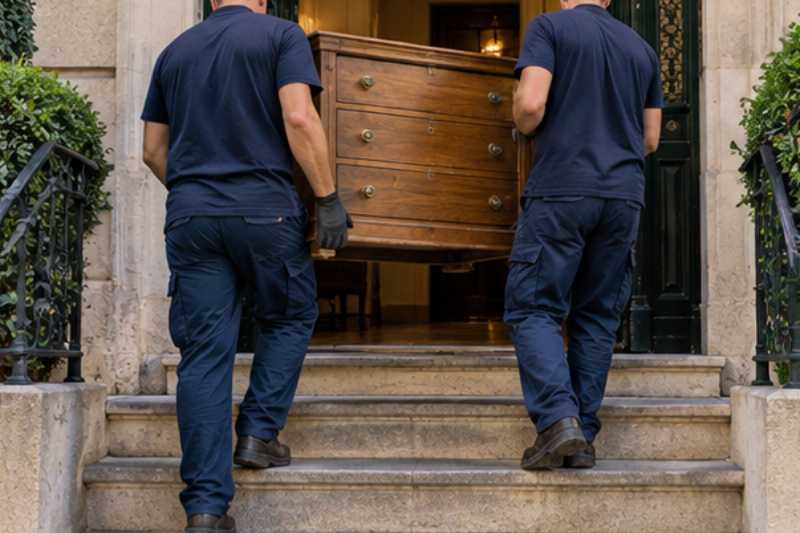 Deux déménageurs descendent une commode par quelques marches d'entrée, trois marches, une rampe amovible