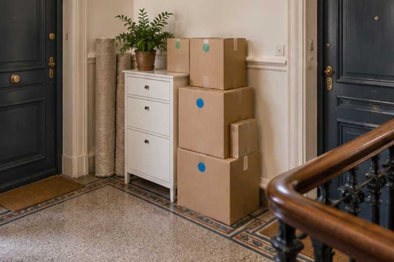 Cartons sur un palier entre deux portes d'appartement, une armoire à faire sortir de la cour