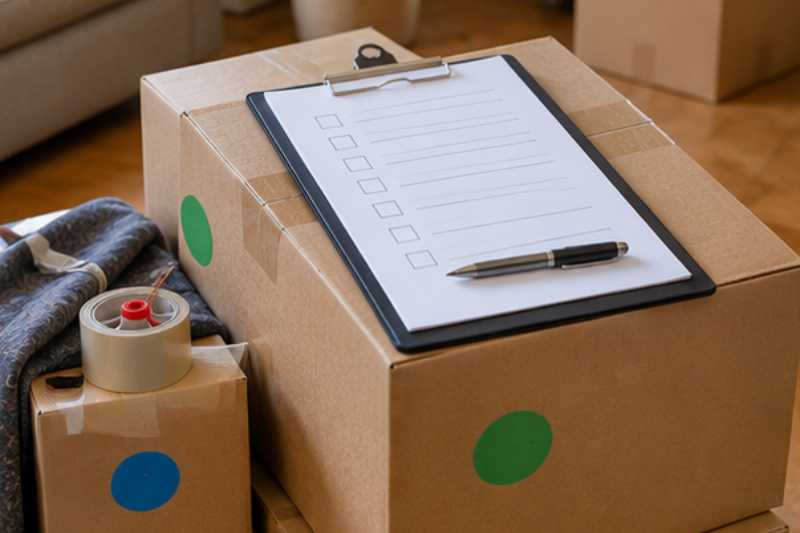 Porte-bloc avec une liste posé sur des cartons numérotés, chaque bien déclaré pointé avant le départ