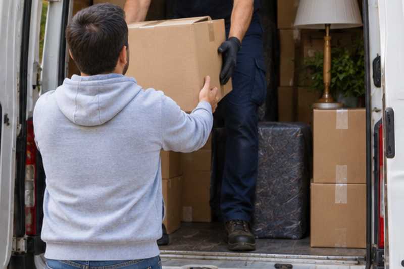 Chargement de cartons à l'arrière d'un utilitaire, vue de dos, un chargement à trois, client compris