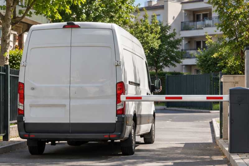 Camion de déménagement devant la barrière d'une résidence, la résidence d'arrivée avait ses règles