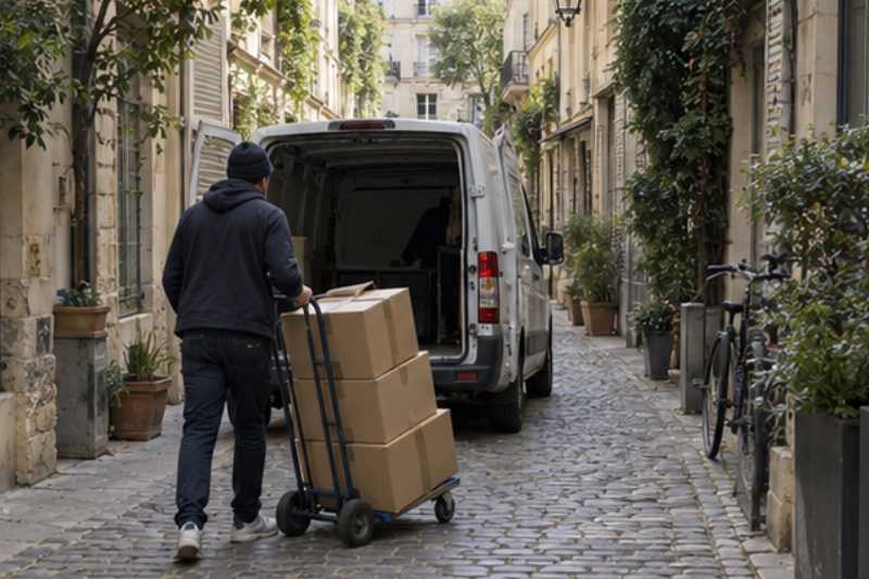 Petit utilitaire et diable dans une rue étroite, une navette jusqu'au camion