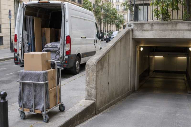 Entrée de parking souterrain basse, camion garé devant, un parking réservé aux véhicules bas