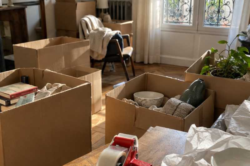 Pièce en cours d'emballage, cartons ouverts et dévidoir, quelques jours pour tout boucler