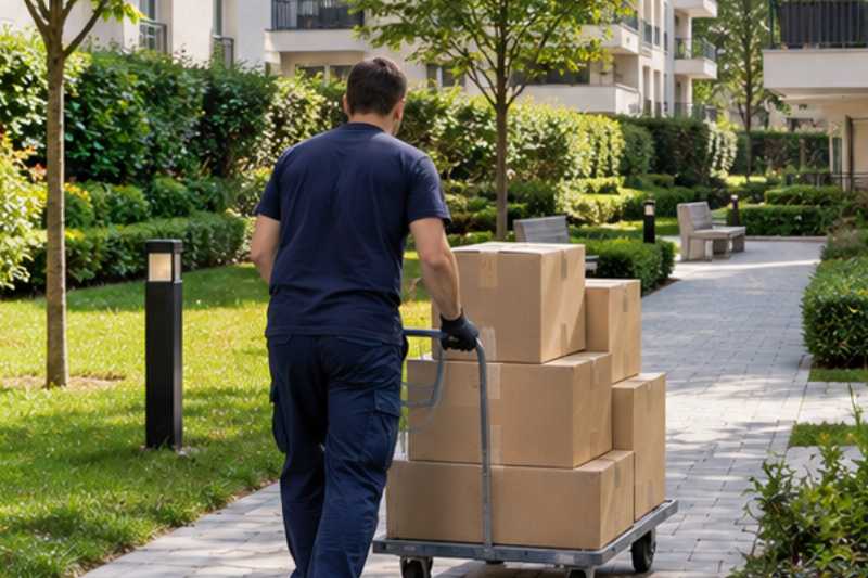 Chariot de cartons dans l'allée d'une résidence, la résidence d'arrivée avait ses règles