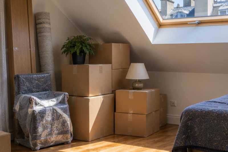 Chambre sous les toits avec plafond en pente et cartons, sept étages à pied, en relais