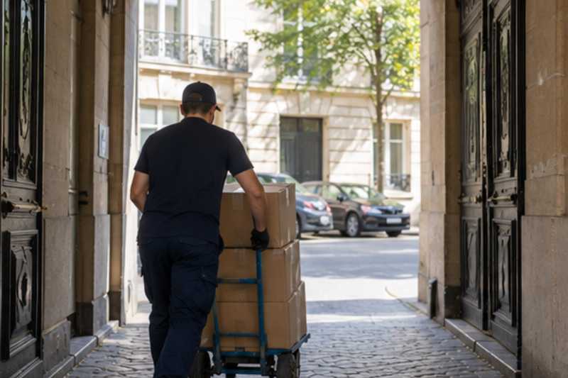 Chariot de cartons passant sous un porche bas, un porche trop bas pour un camion