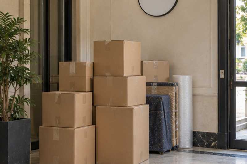 Cartons prêts dans un hall d'immeuble, horloge murale, tout prêt avant l'heure du syndic