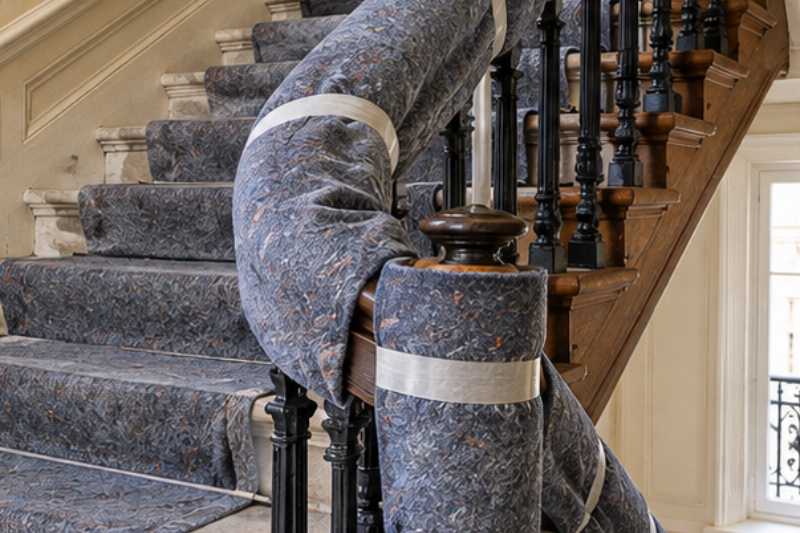 Rampe en bois d'un escalier ancien protégée par des couvertures, un escalier ancien, marche par marche