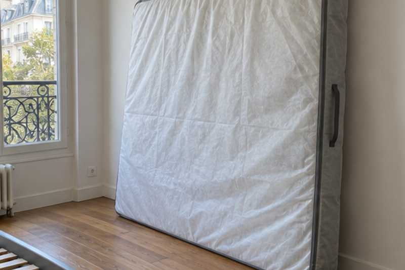 Matelas sous housse zippée appuyé contre un mur, le sommier protégé à part