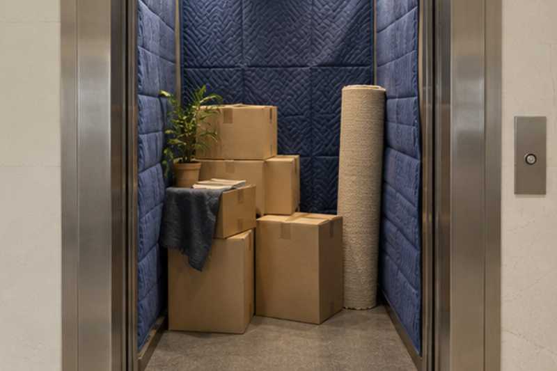 Ascenseur moderne aux parois protégées, cartons à l'intérieur, un ascenseur réservé à certaines heures