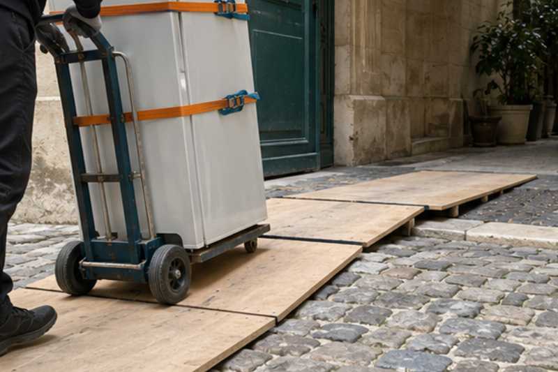 Plaques de roulage posées sur des pavés avec un chariot portant un réfrigérateur sanglé, cour pavée irrégulière