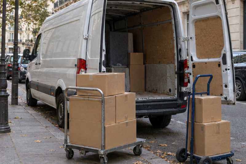 Chariots de cartons sur une zone de livraison à côté d'un camion, chargement sur zone autorisée