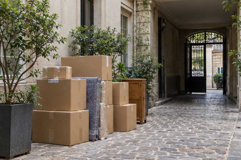 Cartons prêts à partir dans une cour intérieure, près du porche, une cour où le camion n'entre pas