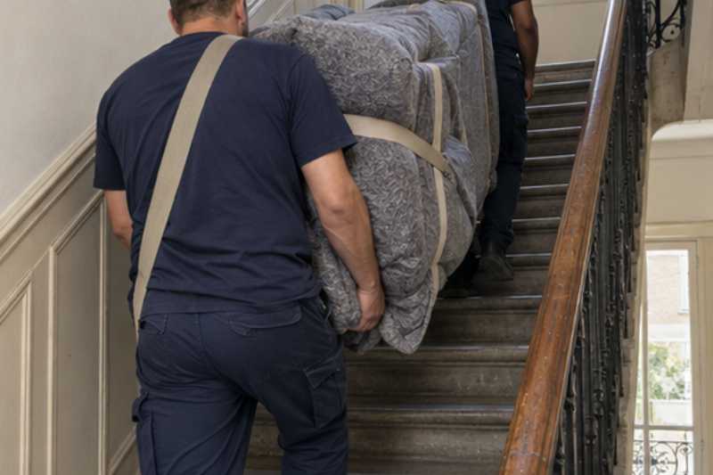 Deux déménageurs montent un canapé convertible avec des sangles, on a allégé le convertible avant l'escalier