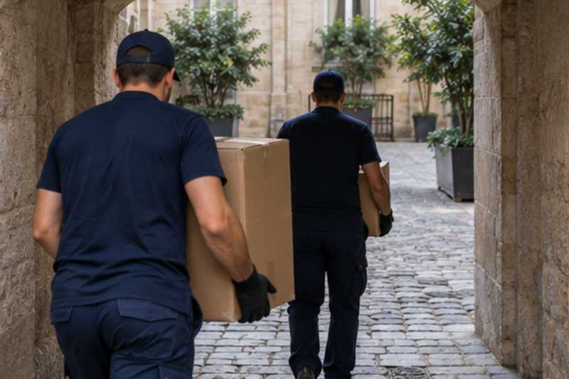 Déménageurs portent des cartons sous un porche en pierre bas, un porche trop bas pour le camion