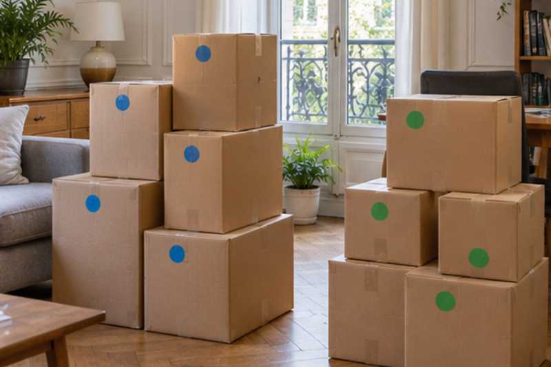 Cartons de deux logements repérés par des étiquettes de couleur, deux logements à faire tenir en un