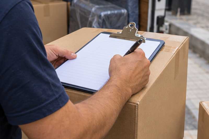 Main remplissant un formulaire sur un porte-bloc posé sur un carton, déclaration de valeur relue avant de fermer
