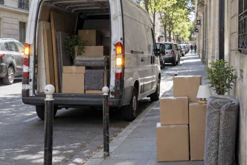 Camion de déménagement arrêté le long du trottoir, cartons prêts, stationner rue de Rennes, sur créneau
