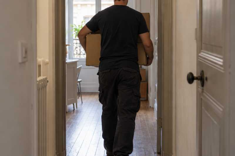 Déménageur portant un carton dans un couloir d'immeuble, vu de dos, un couloir interminable avant la sortie