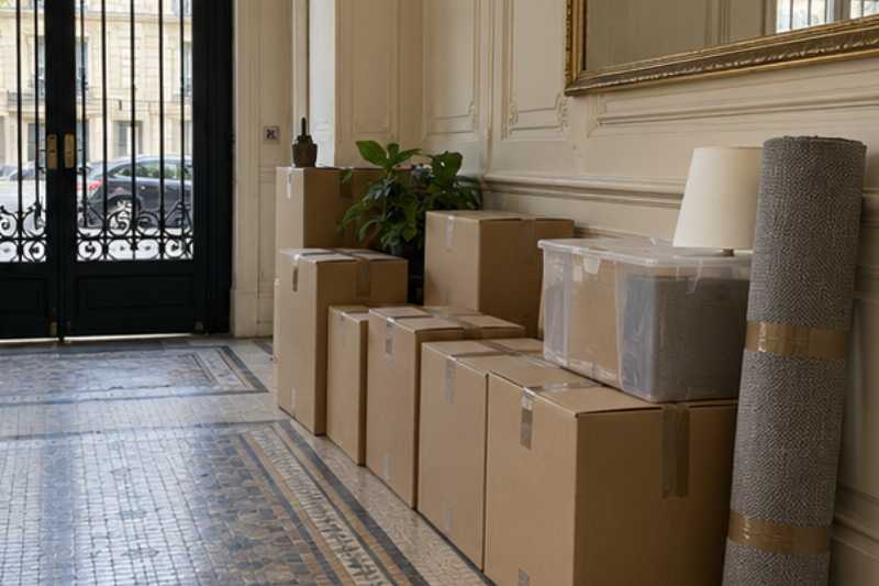 Cartons alignés dans l'entrée d'un appartement, le syndic avait fixé l'heure