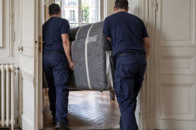 Canapé protégé sous couverture passant une porte, on a allégé le convertible