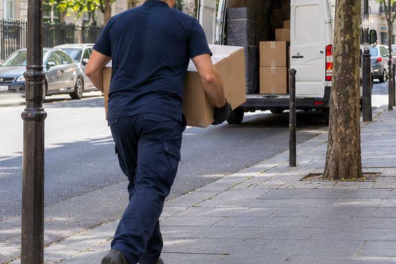 Déménageur portant un carton vers un camion arrêté, quelques minutes pour charger