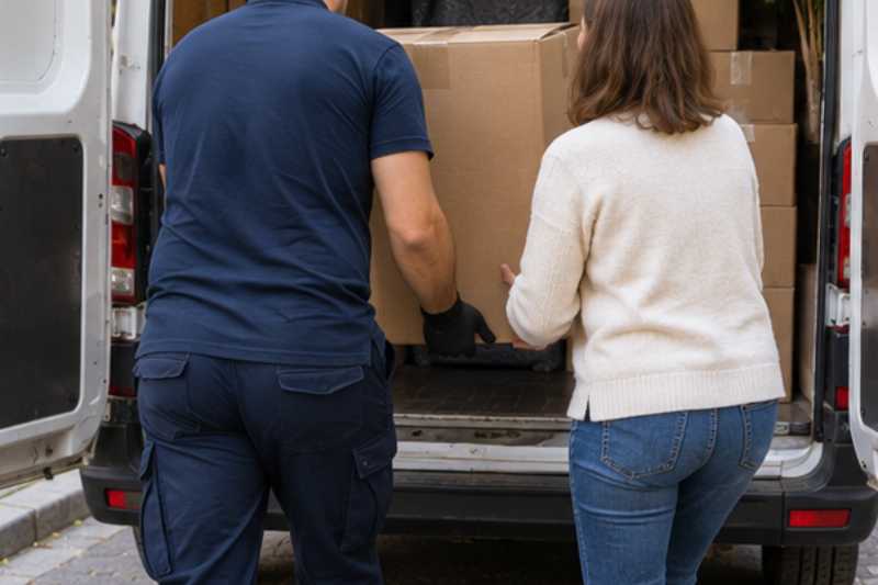 Deux personnes chargent ensemble un carton dans un camion, le client chargeait avec nous